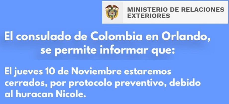Por el paso del huracán Nicole este jueves 10 de noviembre no habrá atención al público en el Consulado de Colombia en Guayaquil 