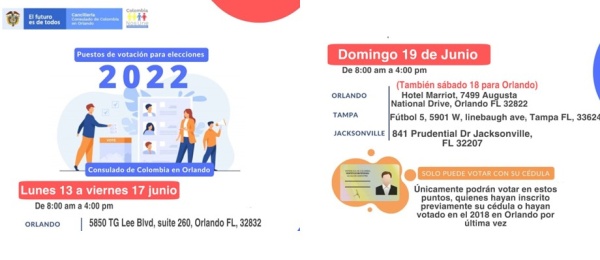 El Consulado de Colombia en Orlando informa los puestos de votación en para la segunda vuelta de las Elecciones Presidenciales 2022