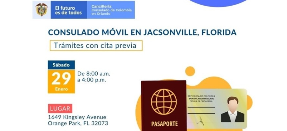 Consulado de Colombia en Orlando publica la jornada de Consulado Móvil en Jacksonville el 29 de enero de 2022