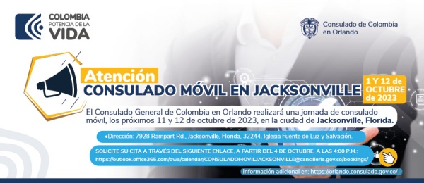 Consulado de Colombia en Orlando realizará un Consulado Móvil en Jacksonville, los días 11 y 12 de octubre de 2023